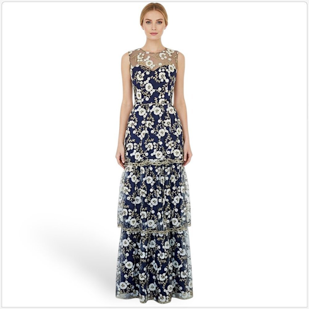 Lotus Threads Navy Gold Lace Floral Embroidered Tiered Dress Gown NWT New 6